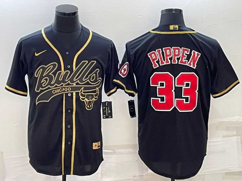 Mens Chicago Bulls #33 Scottie Pippen Black Gold With Patch Cool Base Stitched Baseball Jersey->chicago bulls->NBA Jersey